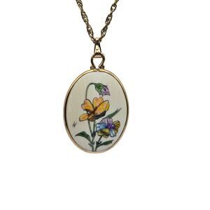 Painted Floral Pendant Necklace Oval Gold Tone Miniature Art Romantic Heirloom